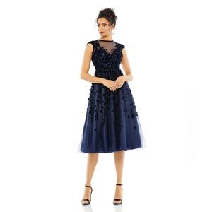 Mac Duggal Floral‎ Embellished Illusion Midnight Midi Cocktail Dress NWT